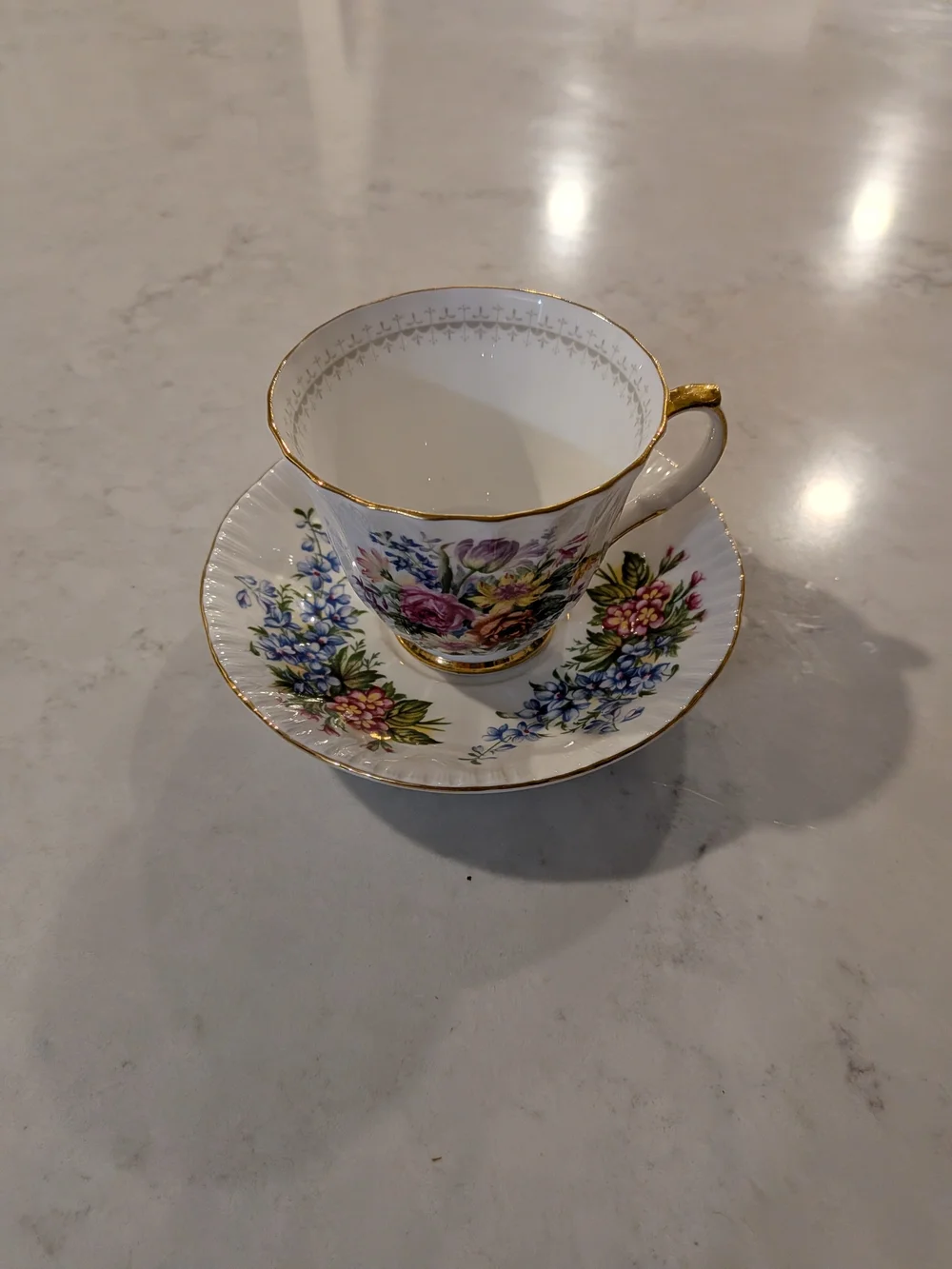 Floral Porcelain Bone China Teacup and Saucer with Gold Trim Vintage 2007s